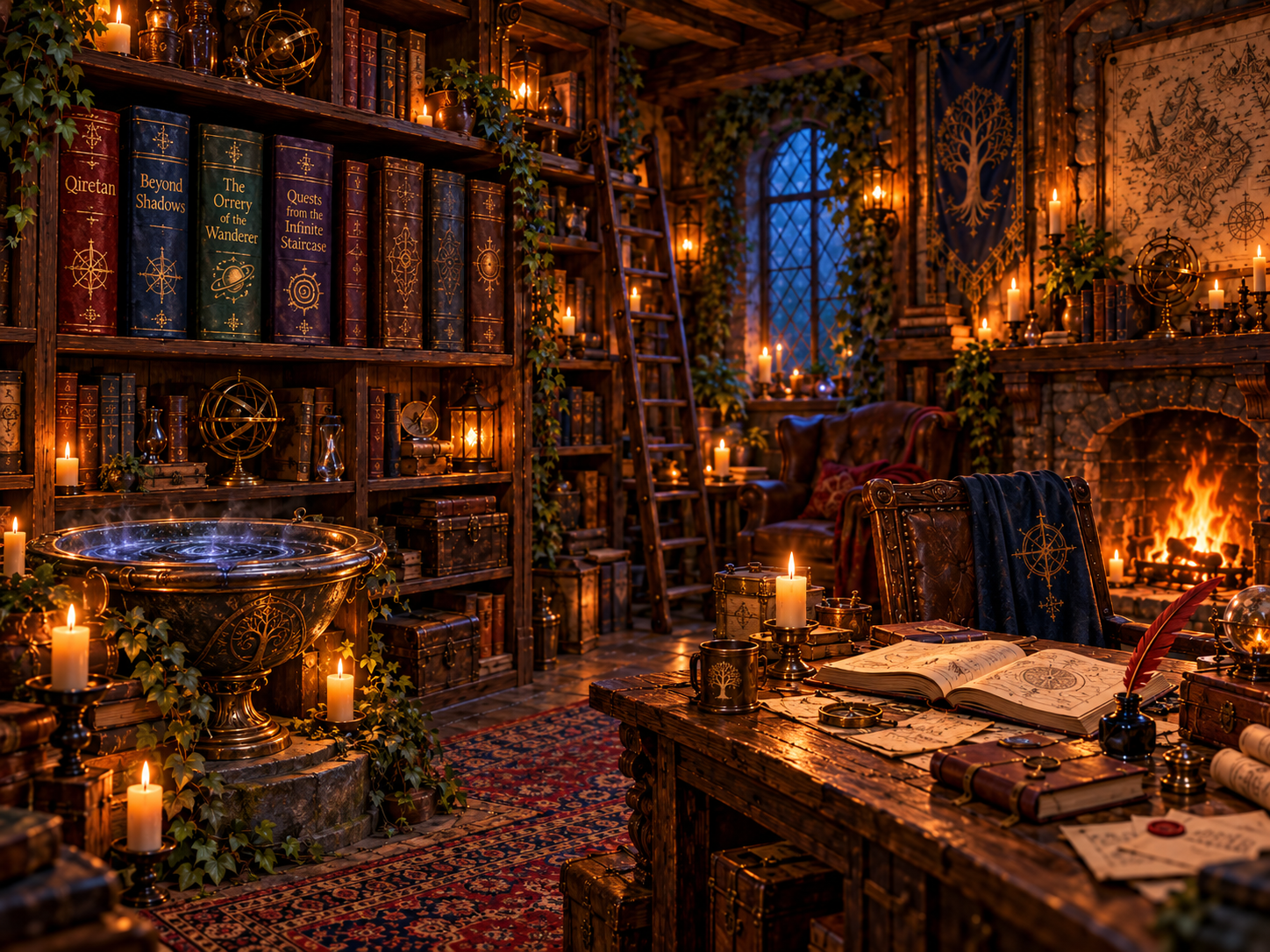 The Back Room, a warm private archive with four titled story volumes, untitled future volumes, maps, cats, a writing desk, and a glowing Pensieve.