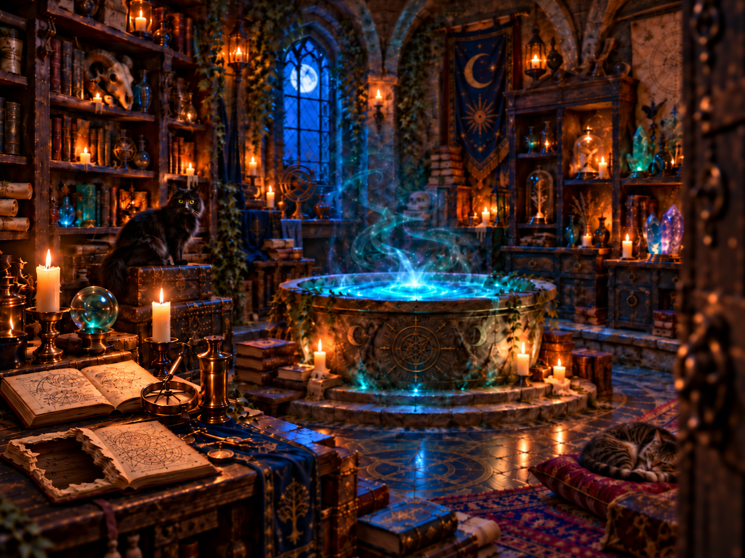 A hidden moonlit chamber with a glowing Pensieve, crystal ball, potion bottles, arcane crystals, books, and cats.