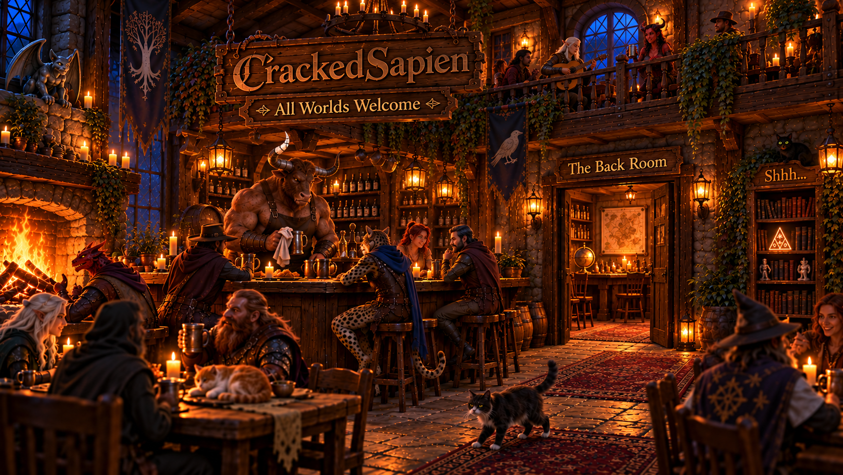 The CrackedSapien tavern common room, busy with fantasy patrons, cats, a minotaur barkeeper, a back-room doorway, a hidden triangular sigil, and a stone gargoyle by the fireplace.